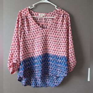 Meraki Blouse Women's Medium M Multicolor Geometric ¾ Sleeves V Neck  Top